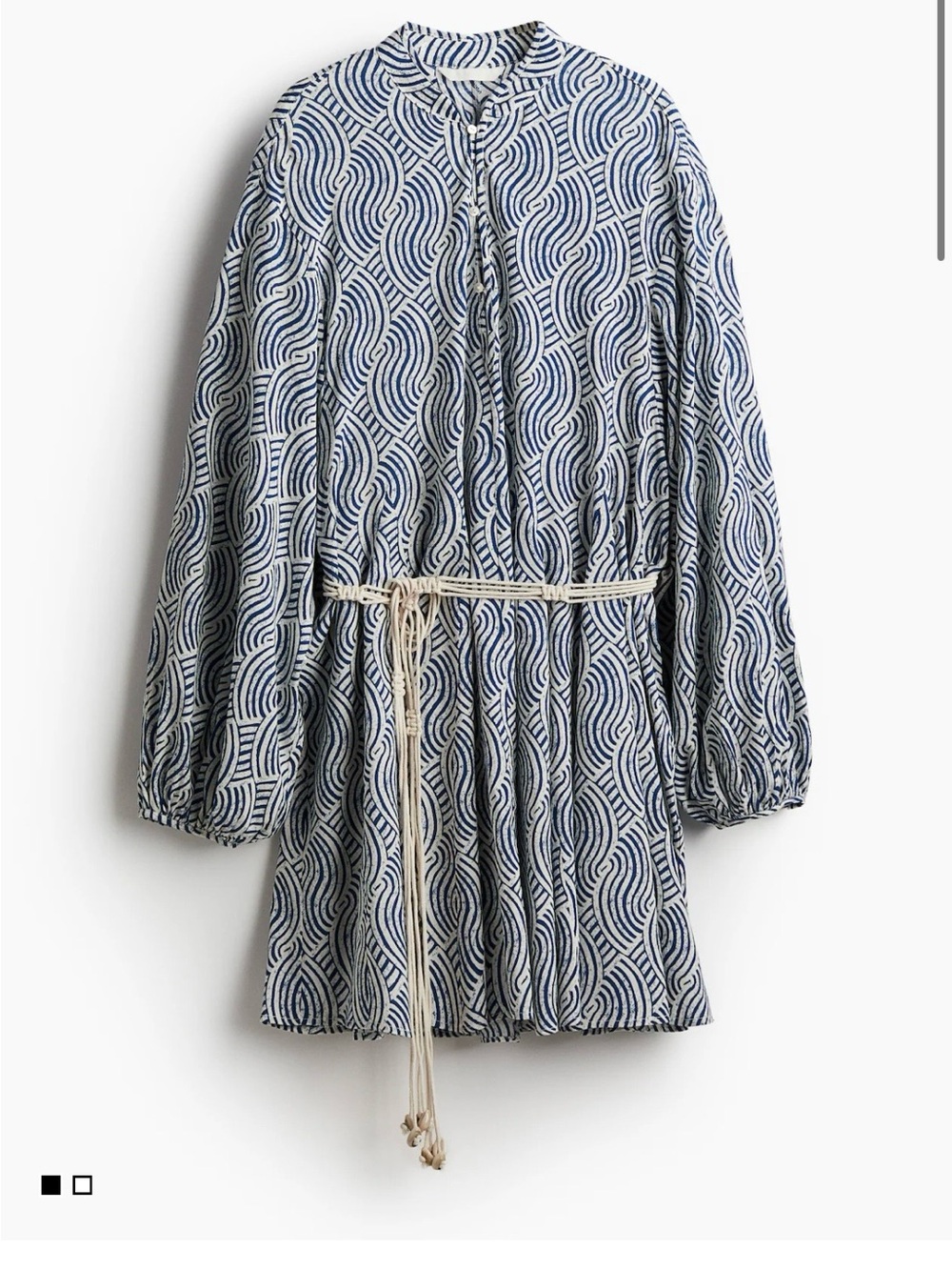 H&M Blue and White Wave-Print Mini Dress with Macrame Belt